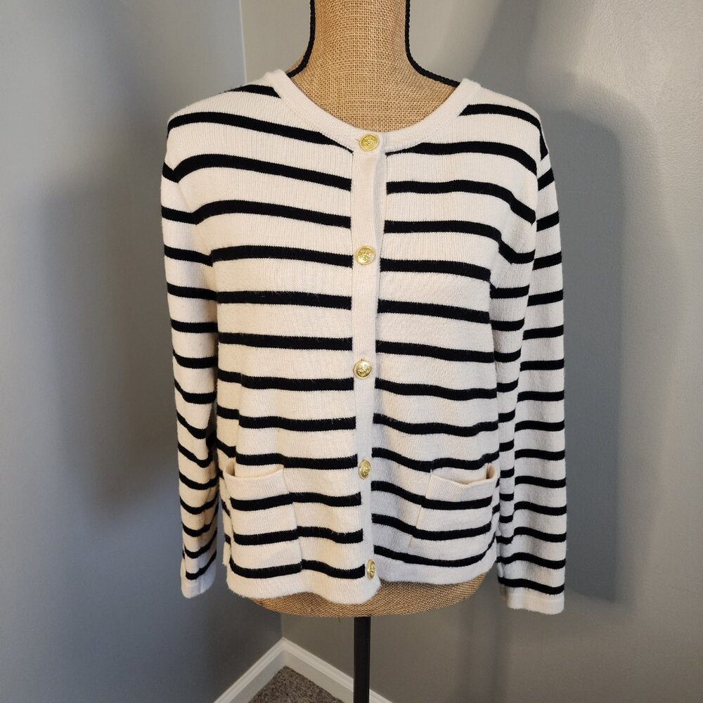 LILLUSORY Striped Cardigan Sweater Lady Jacket Gold Buttons Black & Cream Size L - Picture 4 of 13